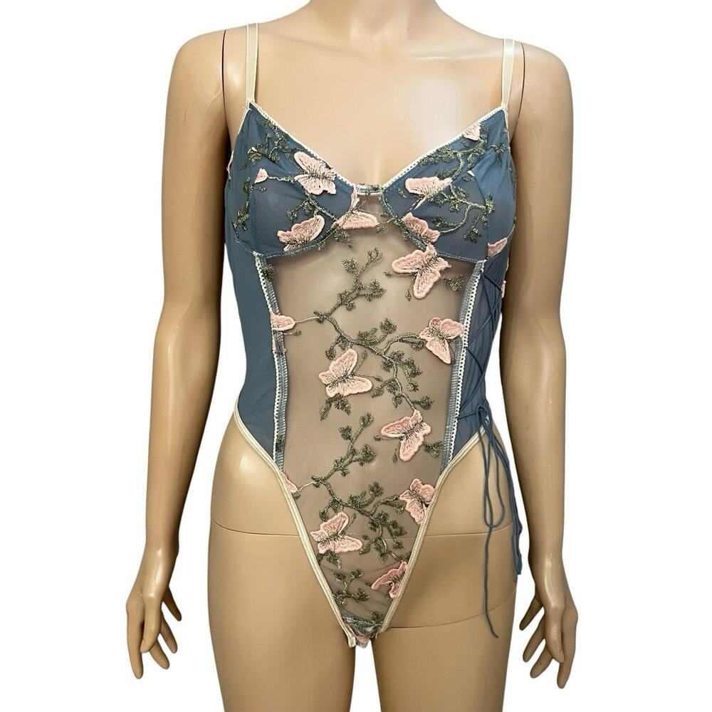 Aurelia Intimates Butterfly Embroidered Teddy Lingerie Bodysuit M Sheer Fairy